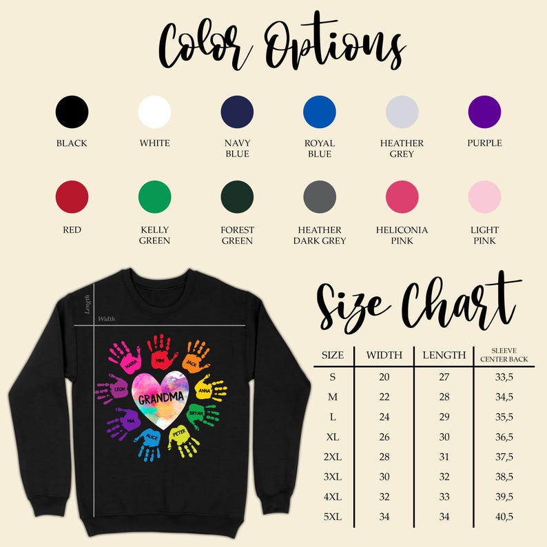 May include: Black sweatshirt with a colorful handprint heart design and the word "Grandma" in the center. The image includes a color options chart and a size chart. Available colors include black, white, navy blue, and red.