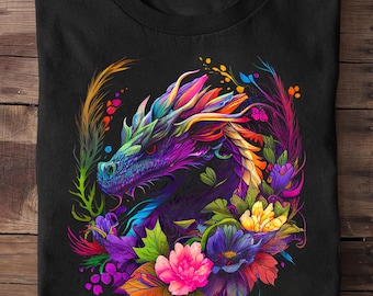 Watercolor Dragon Flowers Beautiful Art Colorful Graphic Dragon , Japanese Dragon Shirt, Dragon Gift, Chinese Dragon Shirt, Dragon Wings