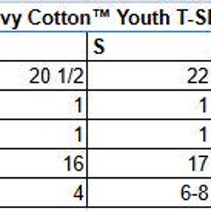 May include: A size chart for Gildan Heavy Cotton Youth T-Shirt 5000B. The chart displays measurements for XS to XL sizes, including body length, chest width, and US sizes. Measurements are in inches.