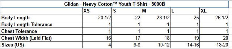 May include: A size chart for Gildan Heavy Cotton Youth T-Shirt 5000B. The chart displays measurements for XS to XL sizes, including body length, chest width, and US sizes. Measurements are in inches.