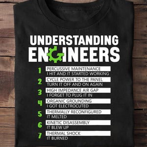 May include: A black crew neck t-shirt featuring the white text UNDERSTANDING ENGINEERS with a green gear icon replacing the letter G. Below, a numbered list from 1 to 7 details humorous engineering definitions in white text on a black background.