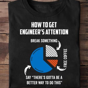 May include: Black t-shirt with white text: "HOW TO GET ENGINEER'S ATTENTION" and a pie chart graphic. The chart has blue, white, and orange sections, with arrows and the phrases "BREAK SOMETHING" and "FREE COFFEE."