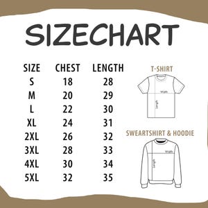 May include: Size chart with measurements for t-shirts and sweatshirts/hoodies. Includes chest and length measurements in inches for sizes S through 5XL. Diagrams illustrate where measurements are taken on each garment.