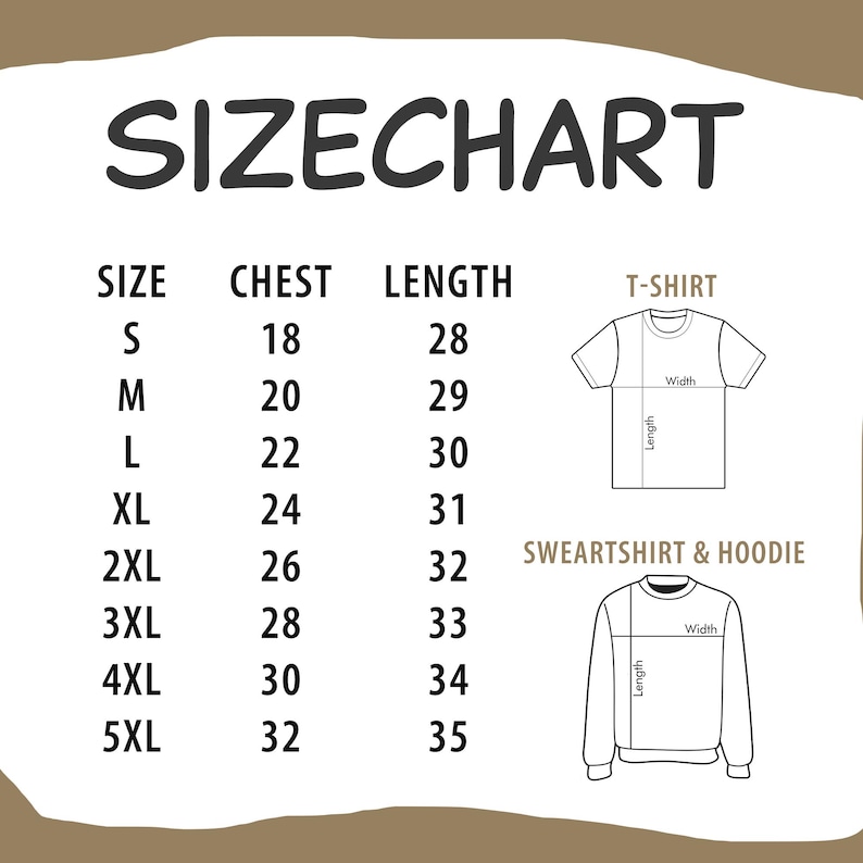 May include: Size chart with measurements for t-shirts and sweatshirts/hoodies. Includes chest and length measurements in inches for sizes S through 5XL. Diagrams illustrate where measurements are taken on each garment.