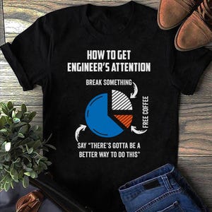 以下が含まれることがあります： 白い文字と円グラフのグラフィックが入った黒いTシャツ。「HOW TO GET ENGINEER'S ATTENTION」、「BREAK SOMETHING」、「SAY 'THERE'S GOTTA BE A BETTER WAY TO DO THIS'」と書かれています。グラフィックには「FREE COFFEE」という文字が含まれています。