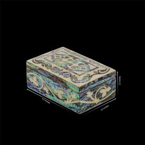 Erstaunliche Schmuckschatulle aus Buchenholz bedeckt mit blauem Paua und weißem Perlmutt orientalischem Design