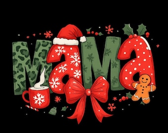 christmas mama png, Festive Holiday Mom Design, Cute Gingerbread & Bow Art, Christmas Mom Shirt Theme, PNG with transparent background