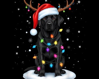 Black Lab Christmas PNG, Holiday Dog Lights Clipart, Cute Santa Hat Labrador Design, Pet Lover Gift, Transparent Background