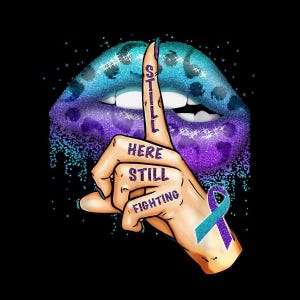 May include: Digital art featuring a hand with the index finger raised to the lips, with the word "Still" written on the finger. The words "Here Still Fighting" are on the hand. A teal and purple ribbon is present. The background is black.