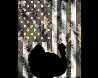 May include: A patriotic design featuring a camouflage pattern and white stripes, resembling the American flag. A black silhouette of a turkey is centered at the bottom. The background is black.
