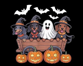 May include: A Halloween-themed illustration featuring dachshunds in a wooden cart. The dogs wear witch hats and capes, with a ghost in the middle. Carved pumpkins and bats complete the festive design, set against a black background.
