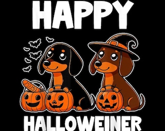 May include: A Halloween-themed graphic featuring two dachshund dogs with orange and black coloring. One dog wears a witch hat. They are holding jack-o'-lanterns. The text reads "HAPPY HALLOWEINER" in white block letters on a black background.