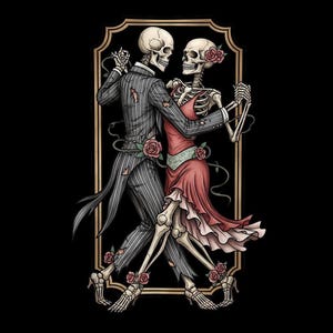 Peut inclure: Illustration de deux squelettes dansant dans un rectangle doré sur fond noir. Le squelette masculin porte un costume à rayures, et le squelette féminin porte une robe rouge. Des roses ornent leurs pieds et le cadre.