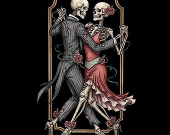 May include: Illustration of two skeletons dancing in a gold-framed rectangle on a black background. The male skeleton wears a pinstripe suit, and the female skeleton wears a red dress. Roses adorn their feet and the frame.