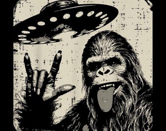Bigfoot PNG, Funny Sasquatch UFO Digital Download, Rock and Roll Cryptid Clip Art, Alien Bigfoot Sublimation Design for Shirts