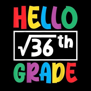 May include: A black graphic with the words "HELLO" in red, yellow, purple, and green. Below, a white box contains the square root of 36 and the word "th". The word "GRADE" is in green, purple, yellow, and red.