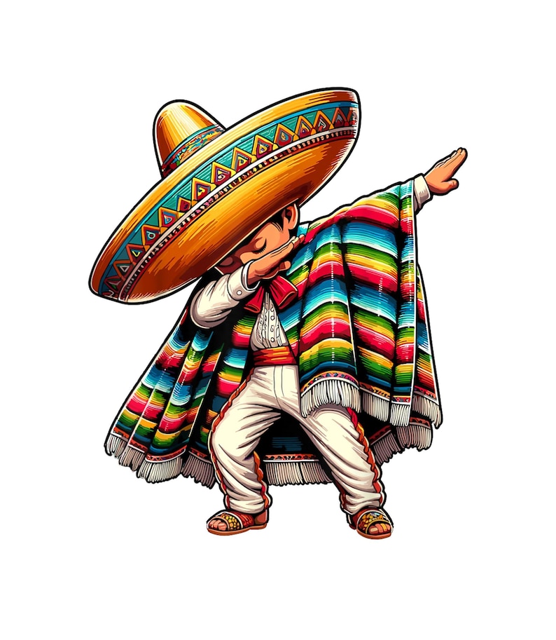 May include: Illustration of a person in a traditional Mexican outfit, including a large sombrero and a colorful serape. The person is in a dabbing pose, with one arm extended and the other bent. The outfit is white, red, yellow, blue, and green.