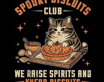 Spooky Biscuits Club PNG, grappige bakkende kat digitale download, retro Halloween-sublimatieontwerp, afdrukbare kunst Cat Biscuit Maker