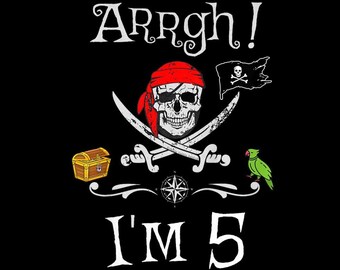 Arr I'm 5 Pirate PNG, 5th Birthday Pirate Party Shirt, Cute Pirate Skull Sublimation, Digital Download for Boys
