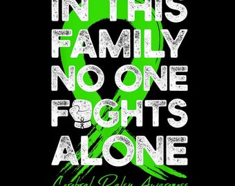May include: Black graphic with white text and a green ribbon. The text reads "IN THIS FAMILY NO ONE FIGHTS ALONE" with "Cerebral Palsy Awareness" below. The image includes a fist graphic.