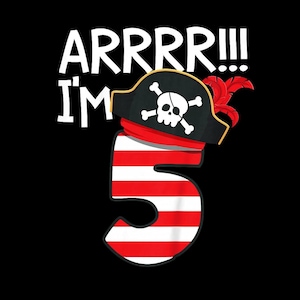 ¡Arr, tengo 5 años, pirata! PNG, camiseta de fiesta pirata de 5.º cumpleaños, linda calavera pirata de sublimación, descarga digital para niños.