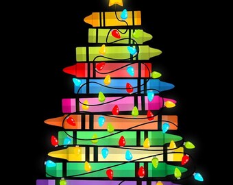 Albero di Natale con pastelli a cera, maglietta natalizia divertente per insegnanti d'arte, regalo di Natale colorato per la classe PNG, sfondo trasparente
