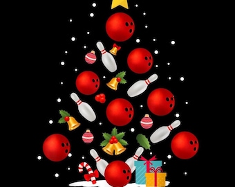 May include: A festive Christmas tree design on a black background. The tree is composed of red bowling balls, white bowling pins, and gold bells. A yellow star tops the tree, with ornaments and a candy cane at the base. Snowflakes complete the holiday scene.