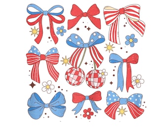 Coquette 4th of July PNG, Red White Blue Patriotic Bows Sublimation, Retro USA Digital Download, Girly Independence Day Shirt Art