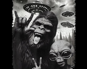 Bigfoot PNG, Funny Sasquatch UFO Digital Download, Rock and Roll Cryptid Clip Art, Alien Bigfoot Sublimation Design for Shirts