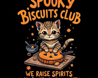 Spooky Biscuits Club PNG, grappige bakkende kat digitale download, retro Halloween-sublimatieontwerp, afdrukbare kunst Cat Biscuit Maker