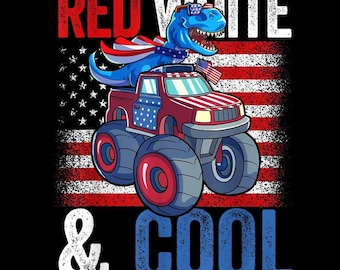 Dinosaur Monster Truck PNG, Red White And Cool 4th of July, Patriotic Dino Boys, Sublimation Design, Digital Download
