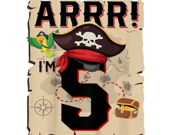 Arr I'm 5 Pirate PNG, 5th Birthday Pirate Party Shirt, Cute Pirate Skull Sublimation, Digital Download for Boys
