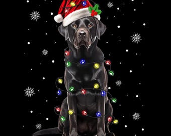 Black Lab Christmas PNG, Holiday Dog Lights Clipart, Cute Santa Hat Labrador Design, Pet Lover Gift, Transparent Background