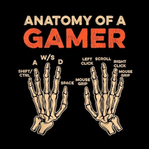 Puede incluir: Gráfico negro con el texto "ANATOMY OF A GAMER" en naranja sobre dos manos esqueléticas. Las manos están etiquetadas con controles de juego como "W/S/D", "Shift/Ctrl", "Espacio" y "Mouse Grip".