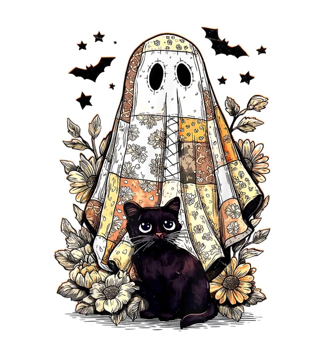黒猫を抱く幽霊、かわいいハロウィンの幽霊、不気味な季節、秋の雰囲気