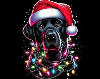 Black Lab Christmas PNG, Holiday Dog Lights Clipart, Cute Santa Hat Labrador Design, Pet Lover Gift, Transparent Background