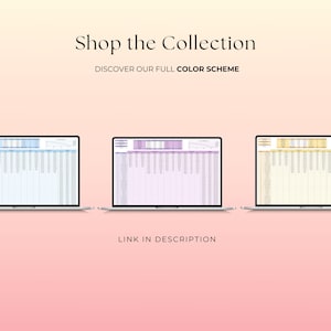 Może przedstawiać: Trzy laptopy wyświetlające arkusze kalkulacyjne z r&oacute;żnymi schematami kolor&oacute;w. Tekst "Shop the Collection" i "Discover our full color scheme" znajdują się u g&oacute;ry. Tekst "Link in description" znajduje się na dole. Tło to gradient r&oacute;żu i brzoskwini.