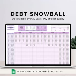 Puede incluir: Una pantalla de portátil muestra una hoja de cálculo de bola de nieve de deuda en un esquema de color púrpura claro y blanco. El texto "DEBT SNOWBALL" está en la parte superior, con instrucciones debajo. La parte inferior de la pantalla muestra "GOOGLE SHEETS | 1 TAB ONLY | EASY TO USE".