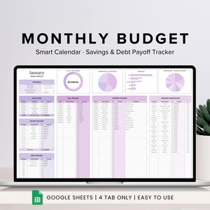 Puede incluir: Una pantalla de computadora portátil que muestra una hoja de cálculo de Google Sheets con una plantilla de presupuesto mensual. La hoja de cálculo se titula "Panel de control del presupuesto de enero" e incluye secciones para el flujo de caja, el seguimiento de facturas, el seguimiento de gastos y el desglose de gastos. La hoja de cálculo está diseñada para ayudar a los usuarios a realizar un seguimiento de sus ingresos, gastos y objetivos de ahorro.