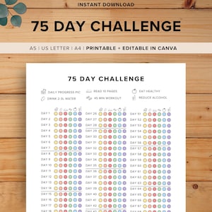 Puede incluir: Un rastreador imprimible del Desafío de 75 días con fondo blanco. El diseño incluye un título, tareas diarias y una cuadrícula para rastrear el progreso. Disponible en formatos A5 y A4.