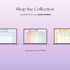 Puede incluir: Tres ordenadores port&aacute;tiles que muestran hojas de c&aacute;lculo con datos coloridos. El texto de la parte superior dice "Shop the Collection" y "Discover our full color scheme". La parte inferior de la imagen dice "Link in description."