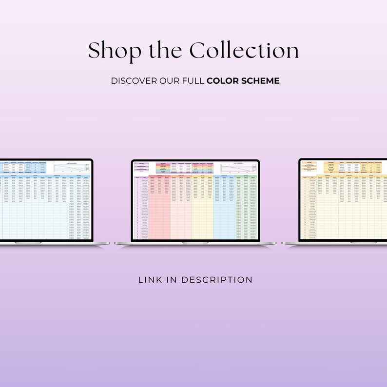 Puede incluir: Tres ordenadores port&aacute;tiles que muestran hojas de c&aacute;lculo con datos coloridos. El texto de la parte superior dice "Shop the Collection" y "Discover our full color scheme". La parte inferior de la imagen dice "Link in description."