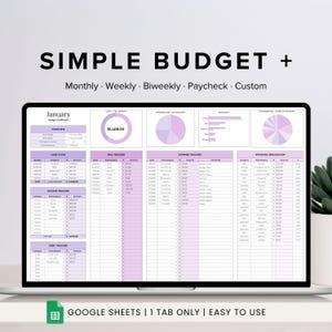Puede incluir: Una pantalla de portátil que muestra una hoja de cálculo de presupuesto digital. La hoja de cálculo es en tonos de morado y blanco, con secciones para presupuestos mensuales, semanales, quincenales y personalizados. El texto en la parte superior dice "SIMPLE BUDGET +" y "GOOGLE SHEETS | 1 TAB ONLY | EASY TO USE".