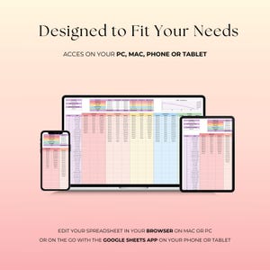 Może przedstawiać: Arkusz kalkulacyjny wyświetlany na laptopie, tablecie i smartfonie. Urządzenia znajdują się na gradientowym r&oacute;żowym tle. Tekst brzmi "Designed to Fit Your Needs" i "ACCES ON YOUR PC, MAC, PHONE OR TABLET".