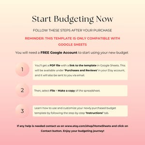 Może przedstawiać: R&oacute;żowo-biała grafika z tekstem "Start Budgeting Now" i instrukcjami dotyczącymi korzystania z szablonu budżetu w Arkuszach Google. Kroki obejmują dostęp do pliku PDF, wykonanie kopii i postępowanie zgodnie z instrukcjami.