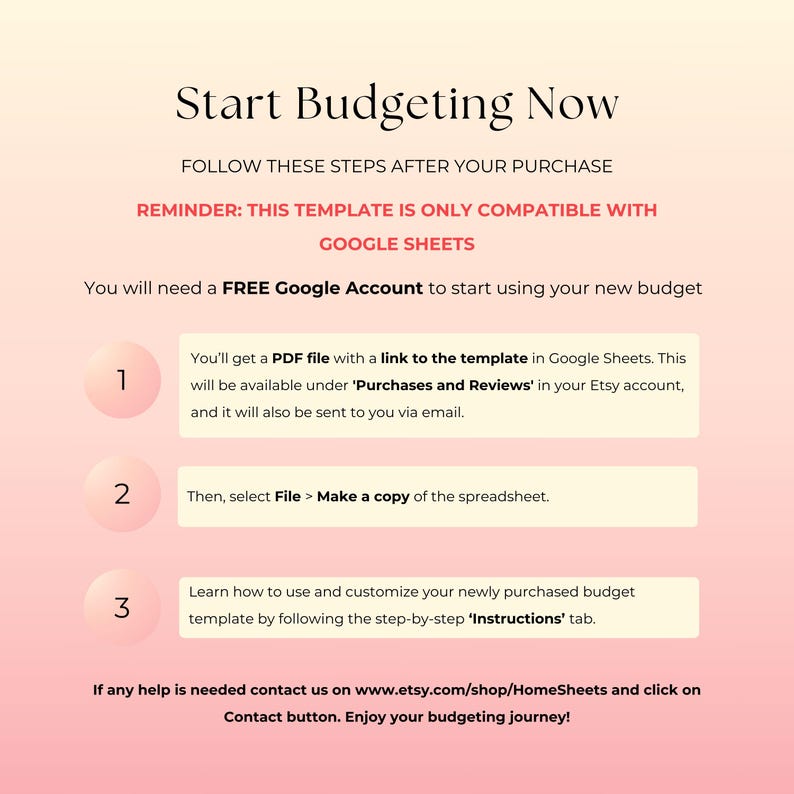 Może przedstawiać: R&oacute;żowo-biała grafika z tekstem "Start Budgeting Now" i instrukcjami dotyczącymi korzystania z szablonu budżetu w Arkuszach Google. Kroki obejmują dostęp do pliku PDF, wykonanie kopii i postępowanie zgodnie z instrukcjami.