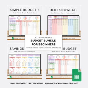 May include: A digital budget bundle for beginners, featuring four Google Sheets spreadsheets. The bundle includes Simple Budget, Debt Snowball, Savings Tracker, and Budget templates. Each template is designed for easy use and includes charts and graphs.