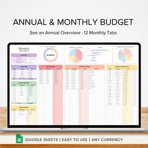 Puede incluir: Una pantalla de portátil que muestra una plantilla digital de presupuesto anual y mensual. La hoja de cálculo incluye secciones para el flujo de caja, los ingresos, los gastos y los desglose de gastos. El texto en la pantalla dice "Presupuesto Anual y Mensual" y "Google Sheets | Easy to Use | Any Currency."