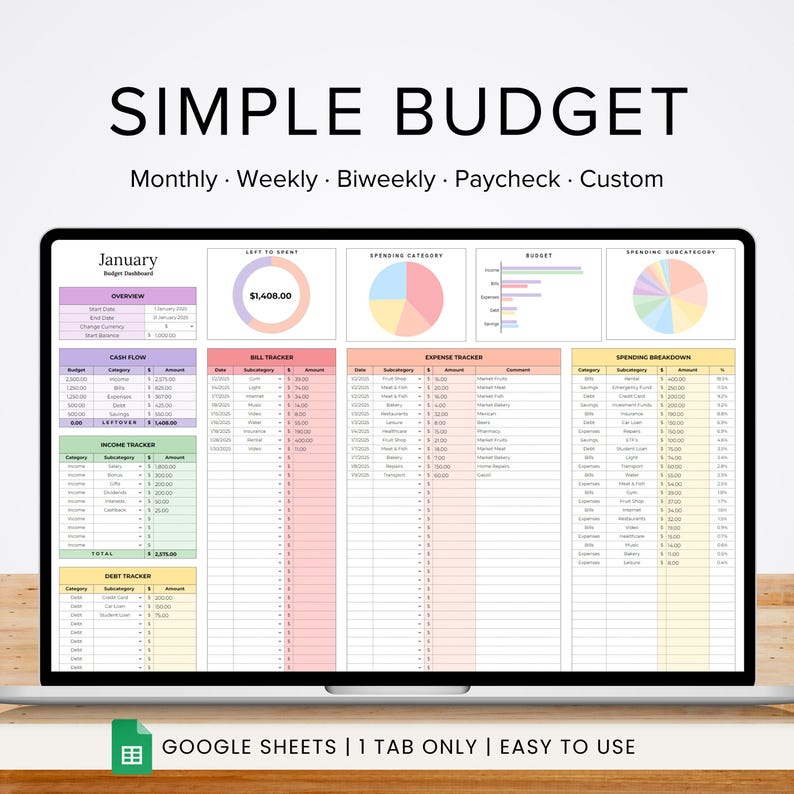 simple monthly budget spreadsheet, home budget planner, expense planner, excel planner, budget tracker, easy budget template google sheets image 1