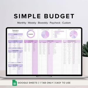 May include: A laptop screen displaying a purple and white budget spreadsheet with the title "Simple Budget" and the text "January Budget Dashboard". The spreadsheet includes sections for overview, cash flow, bill tracker, expense tracker, income tracker, debt tracker, and spending breakdown. The spreadsheet also includes charts and graphs.